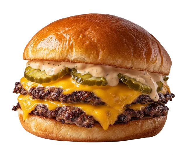 Doble smash flotando con cheddar, pepinillos y salsa de la casa